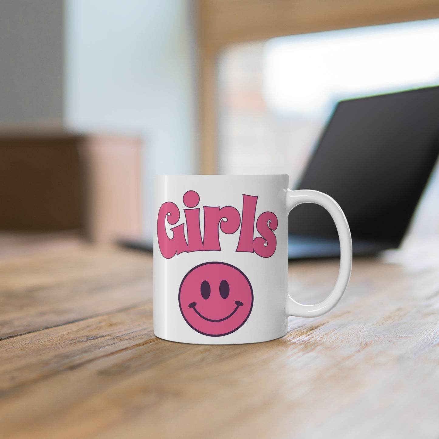 Girls Smiley Face Coffee Mug — Retro Pink Happy Face 11oz