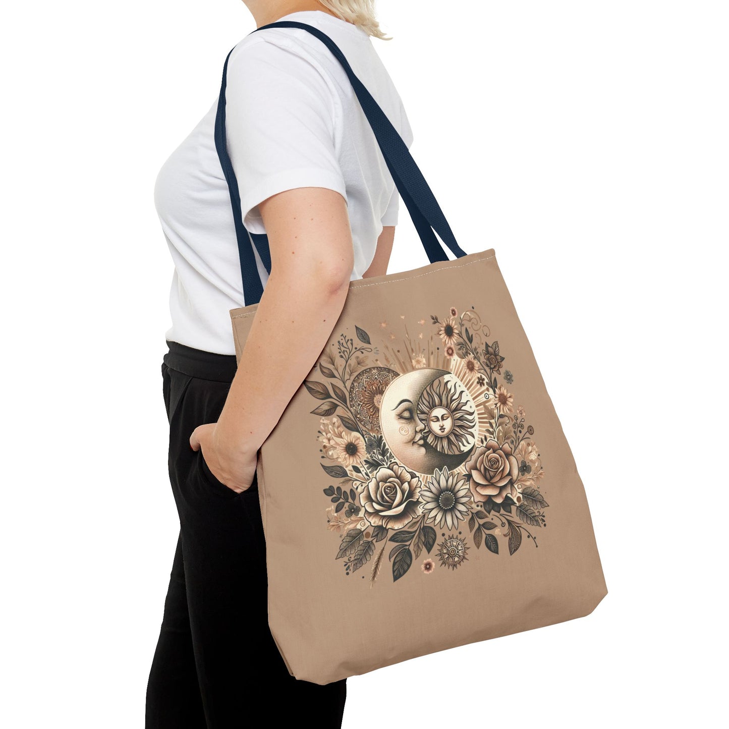 Celestial Sun & Moon Floral Tote Bag — Boho Vintage Astrology Beach Bag