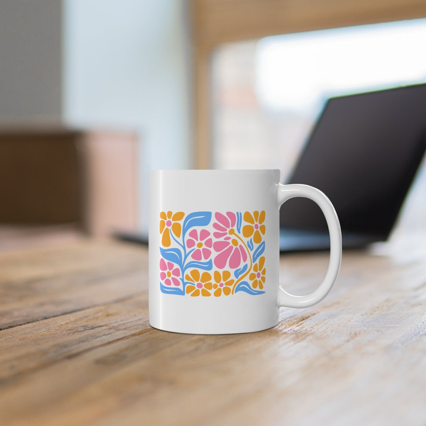 Floral Folk Art Mug — Colorful Retro Flower Coffee Cup (11 oz)