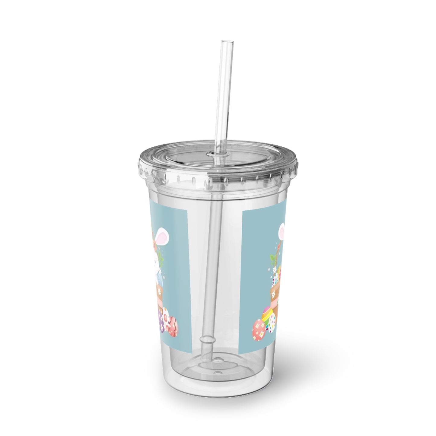 Easter Bunny Acrylic Cup — Cute Floral Bunny with Painted Eggs Tumbler