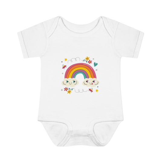 Baby Bodysuit — Cute Rainbow with Smiling Clouds Infant Onesie