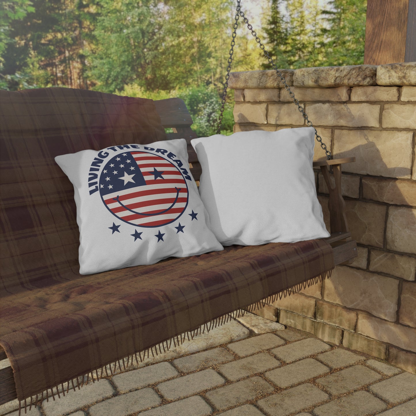 Living The Dream American Flag Smiley Outdoor Pillow