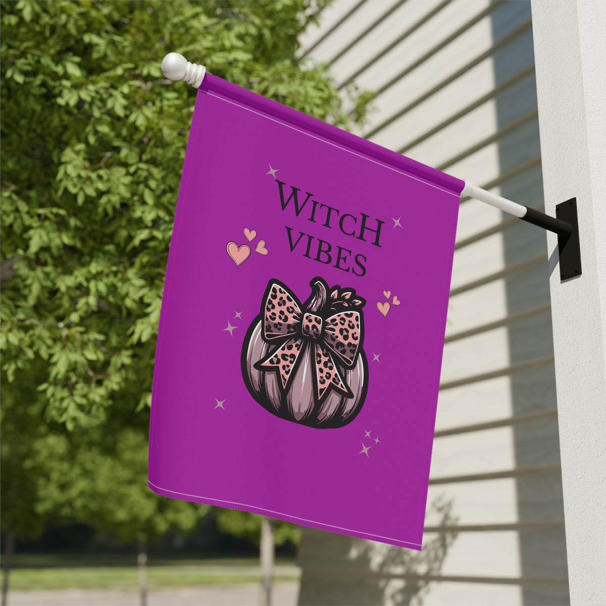 Witch Vibes Garden Flag — Purple Pumpkin Decorative House Banner for Halloween & Fall