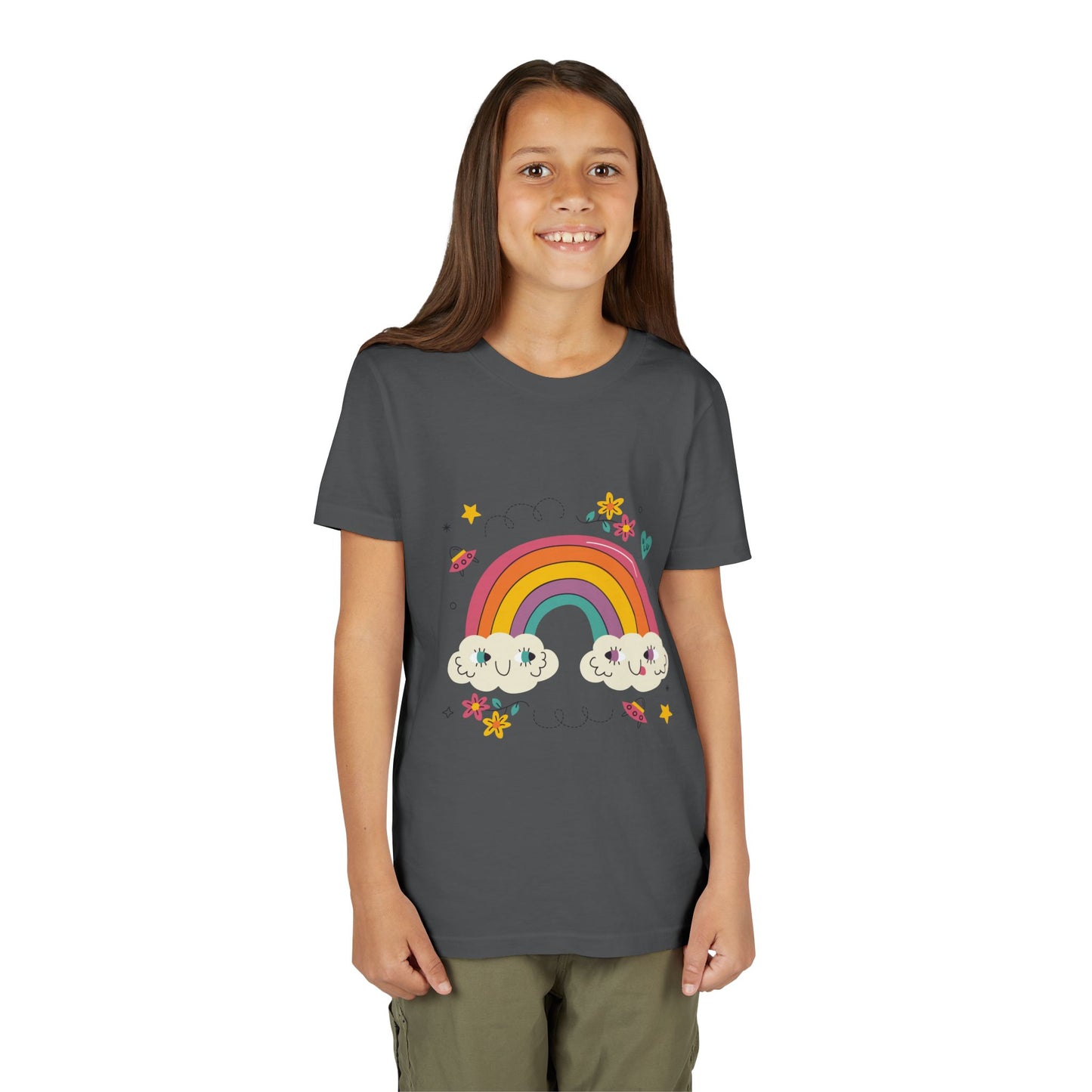 Youth Rainbow Tee — Cute Smiling Clouds & Rainbow Kids Shirt