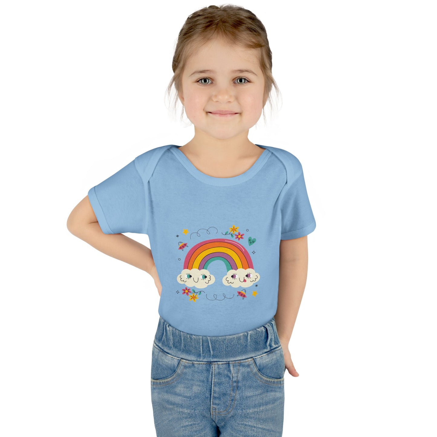Baby Bodysuit — Cute Rainbow with Smiling Clouds Infant Onesie