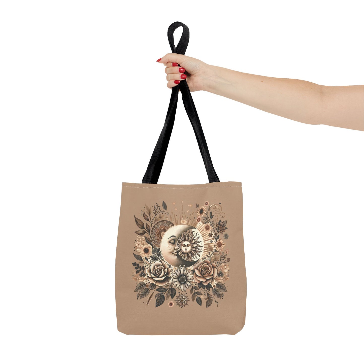 Celestial Sun & Moon Floral Tote Bag — Boho Vintage Astrology Beach Bag
