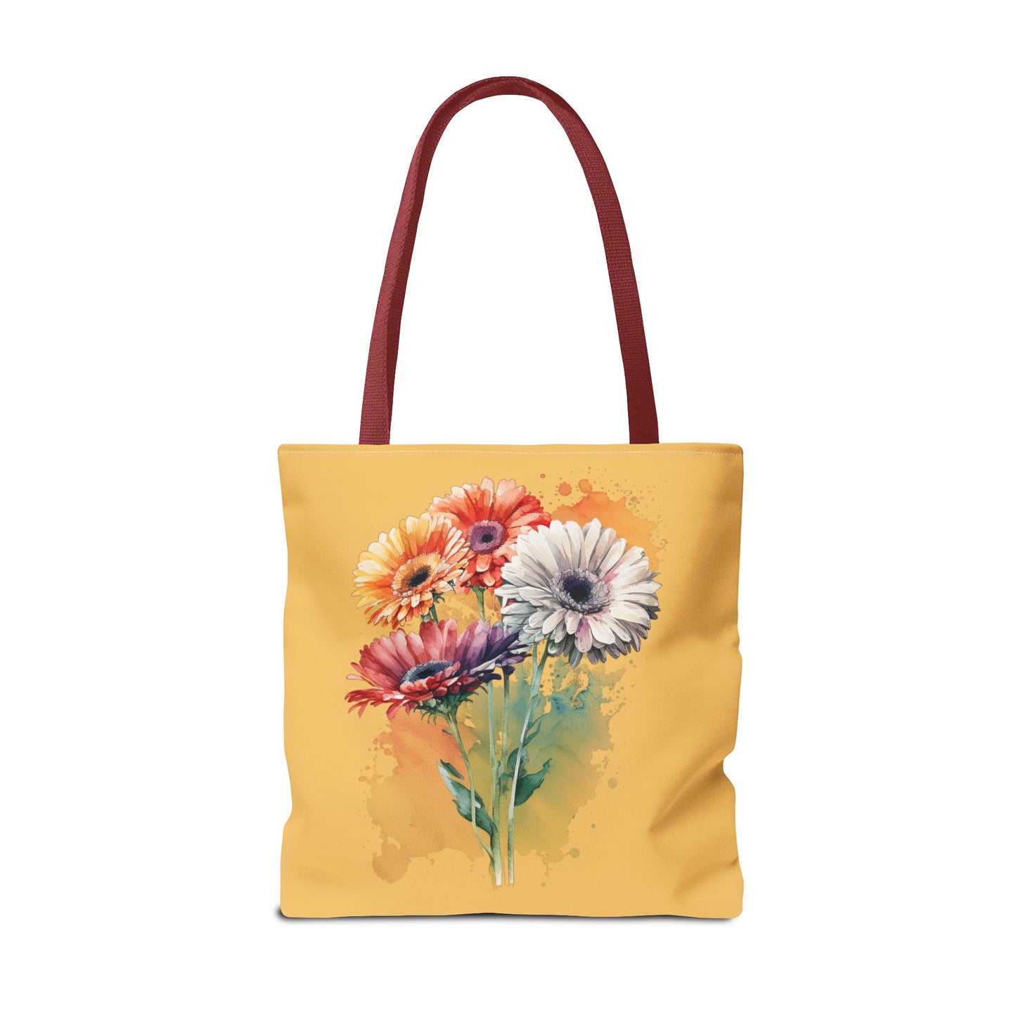Floral Watercolor Tote Bag — Colorful Gerbera Bouquet on Mustard Background