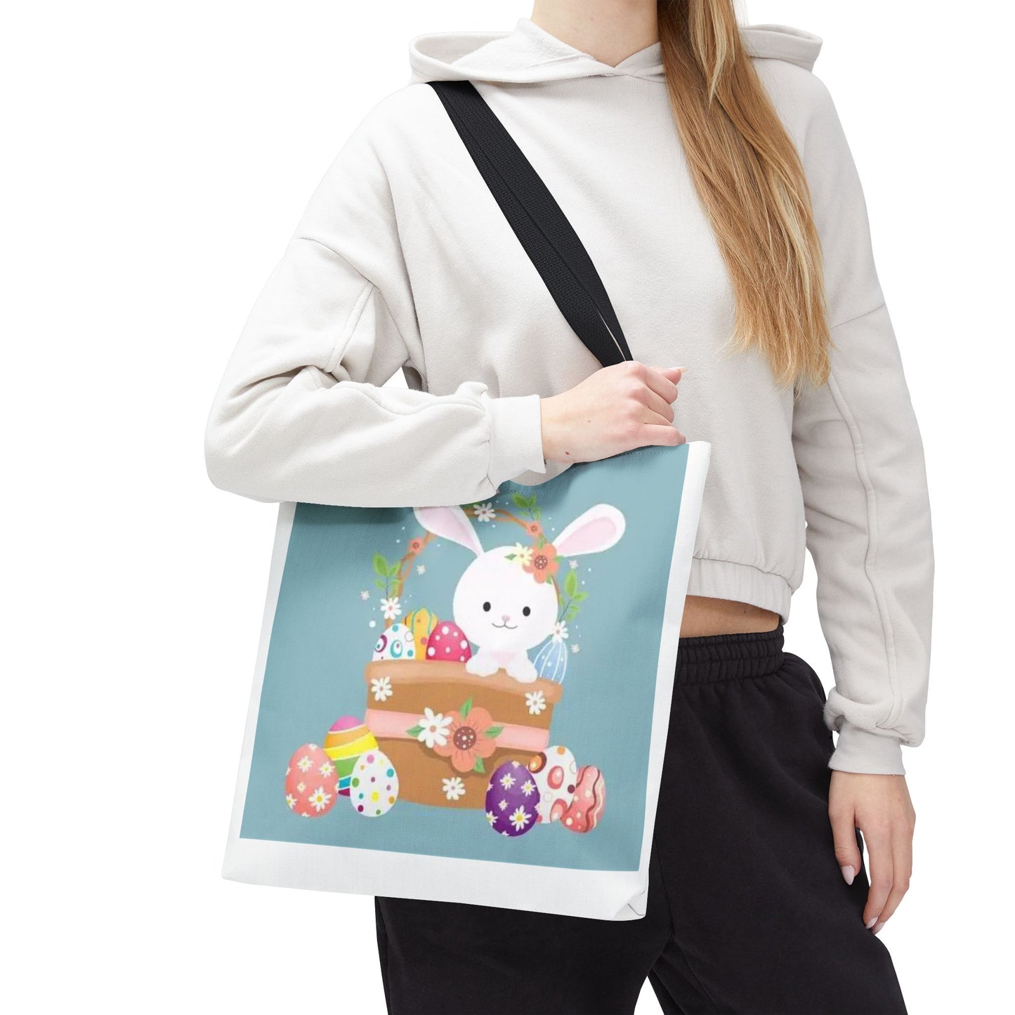 Easter Bunny Tote Bag — Cute Floral Bunny with Painted Eggs All-Over Print