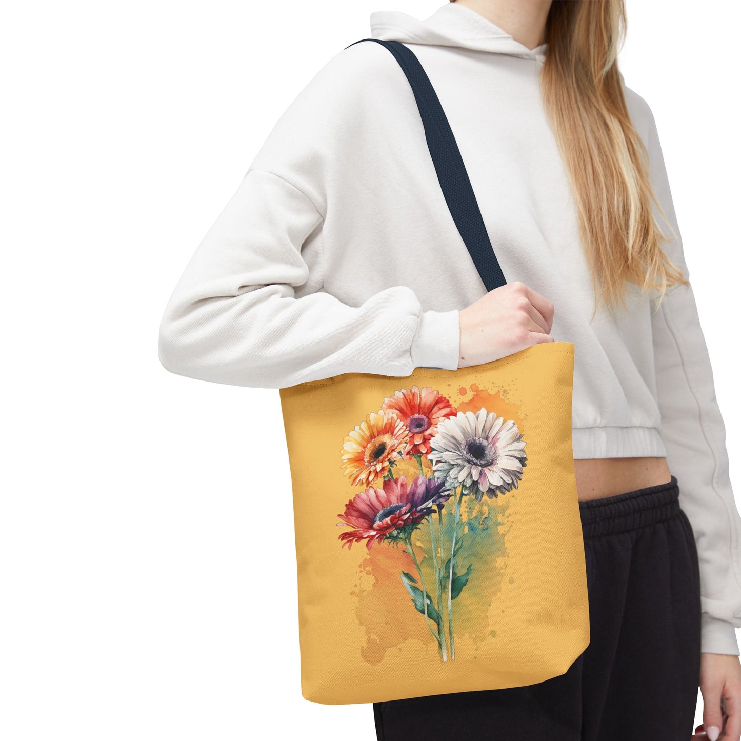 Floral Watercolor Tote Bag — Colorful Gerbera Bouquet on Mustard Background