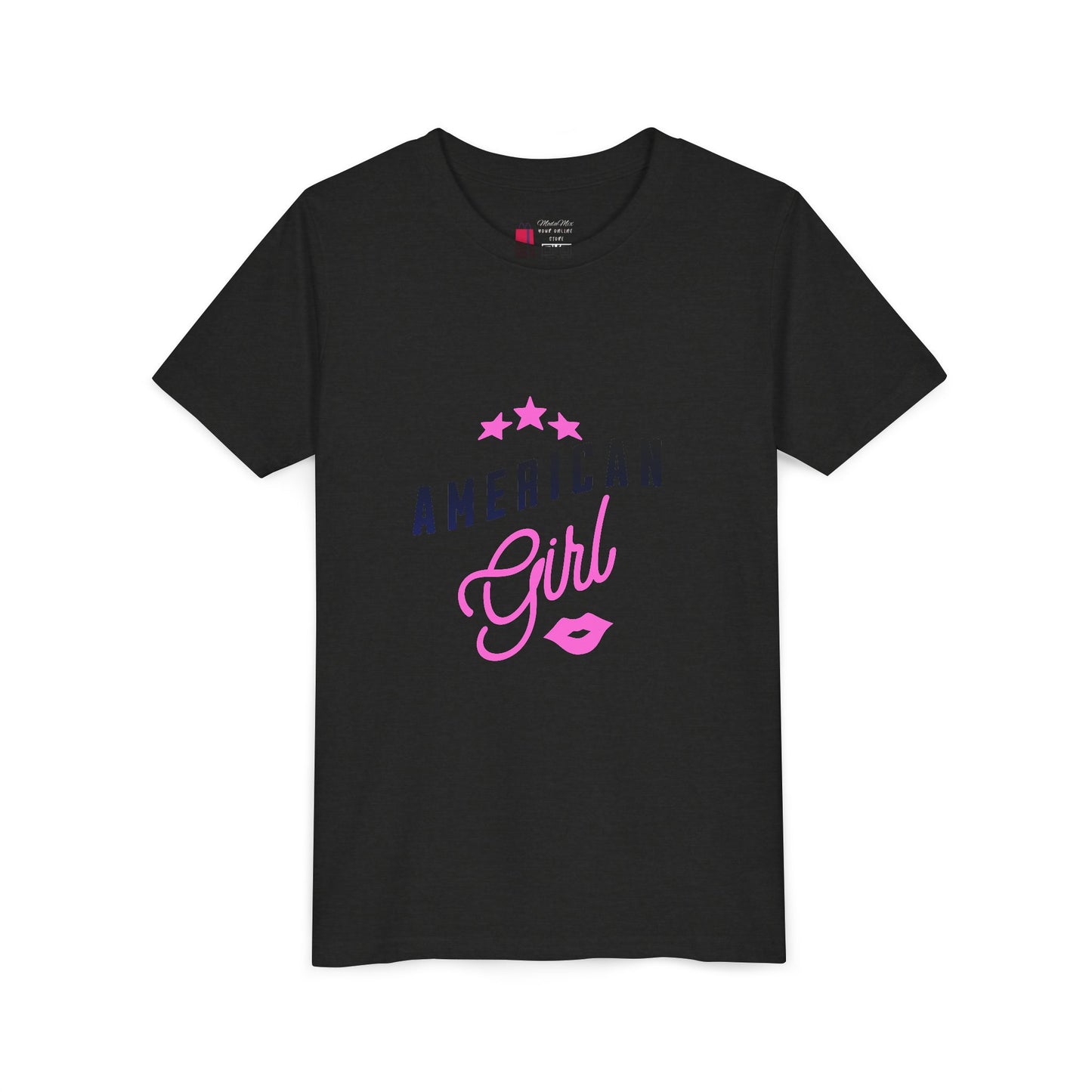 American Girl Youth Tee — Pink Script Stars Patriotic Kids Shirt