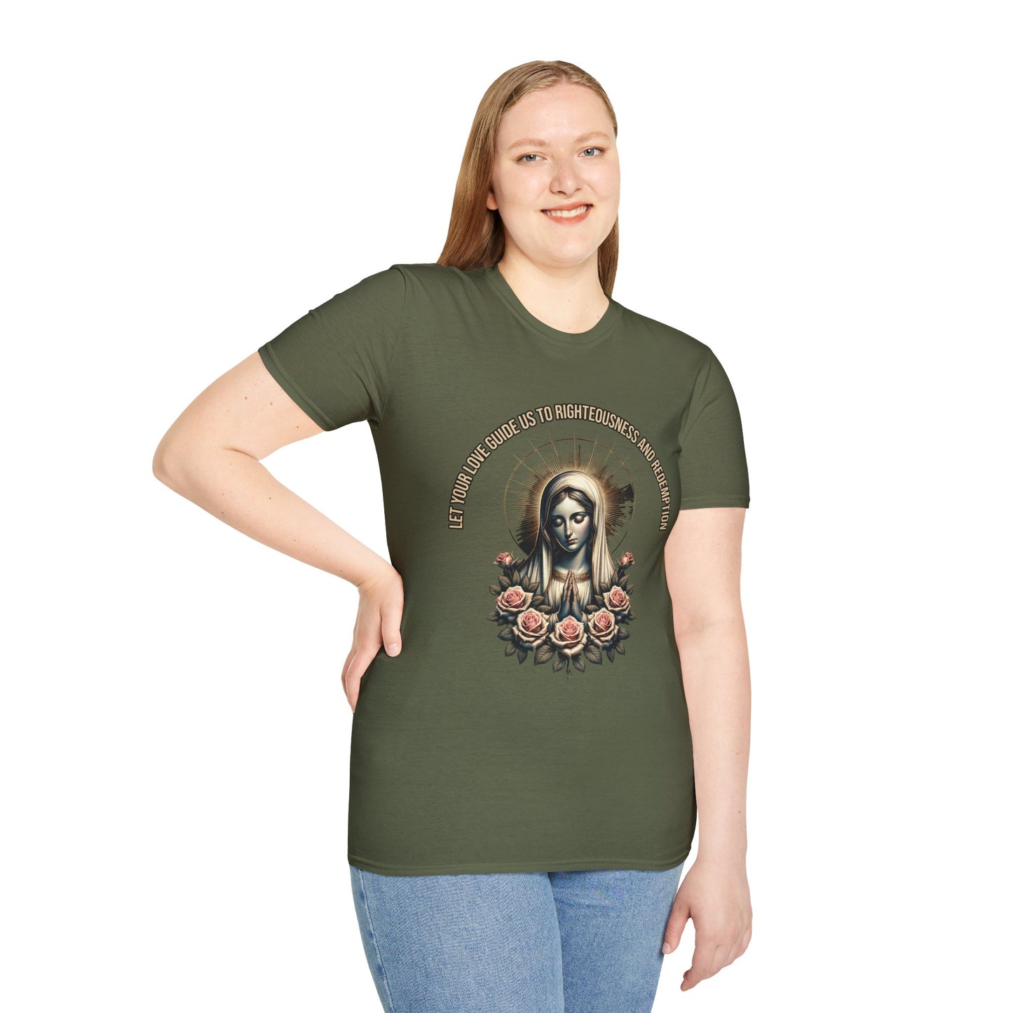 Virgin Mary Roses T-Shirt — 'Let Them Know We’re Be Kind And Gentle' Religious Tee