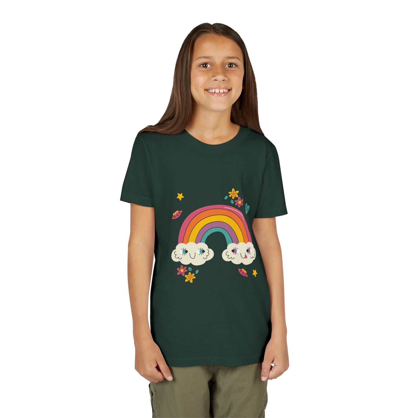 Youth Rainbow Tee — Cute Smiling Clouds & Rainbow Kids Shirt