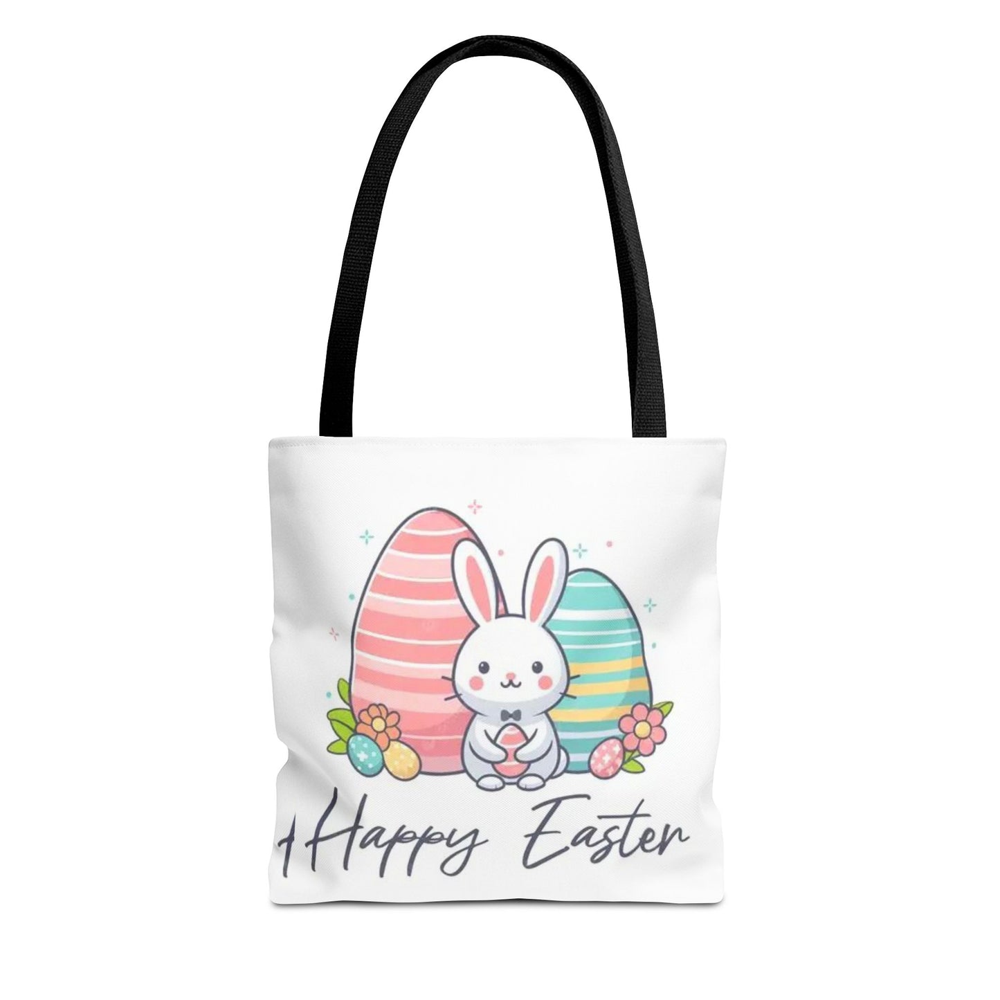 Easter Bunny Tote Bag — Cute "Happy Easter" Bunny with Colorful Eggs
