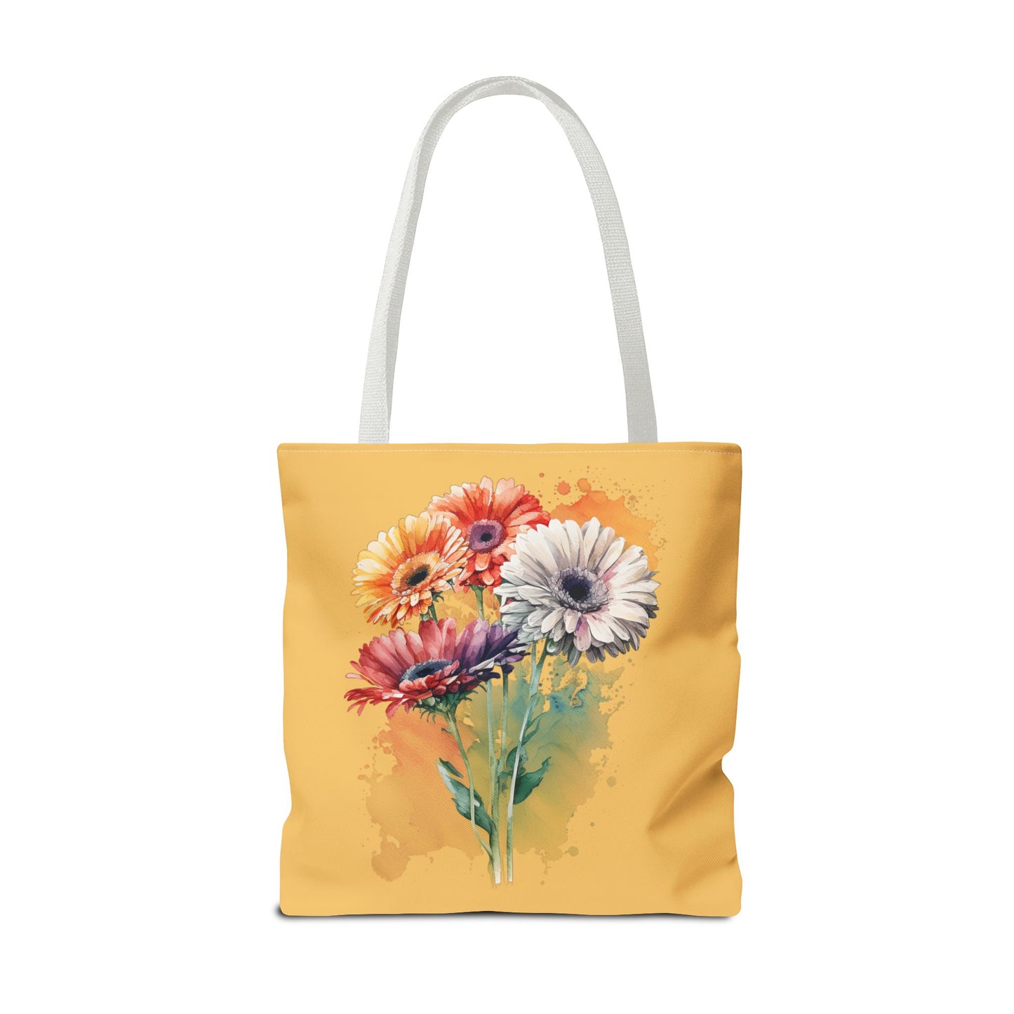 Floral Watercolor Tote Bag — Colorful Gerbera Bouquet on Mustard Background