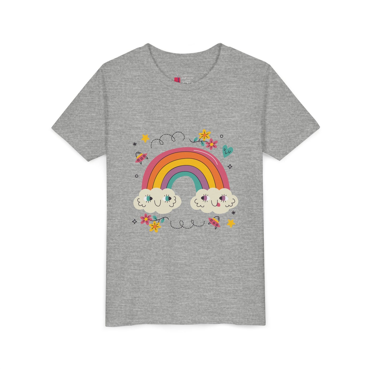 Youth Rainbow Tee — Cute Smiling Clouds & Rainbow Kids Shirt