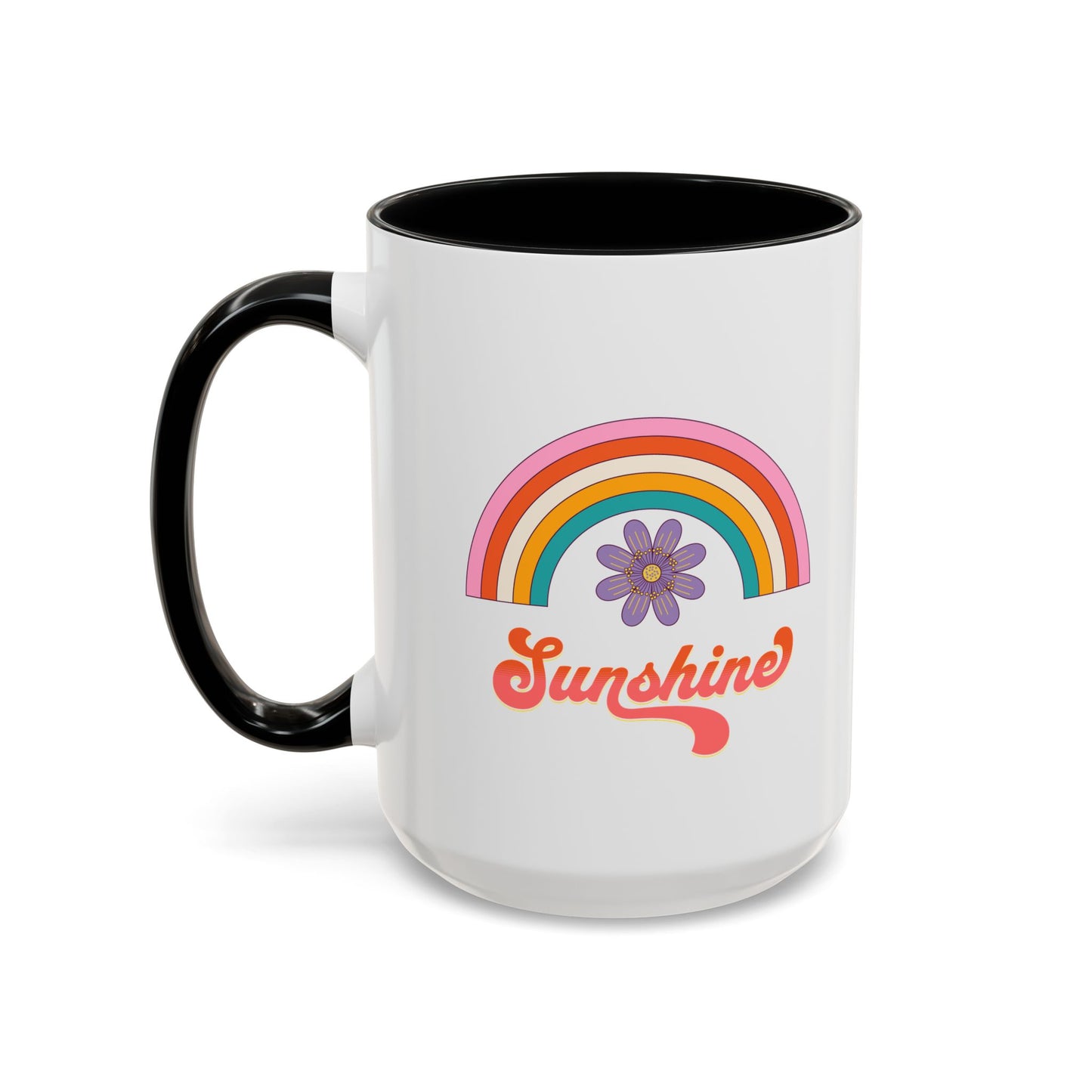 Sunshine Rainbow Accent Coffee Mug — Retro Flower 70s Vibe