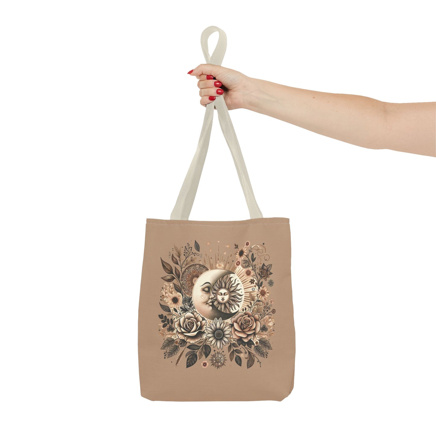 Celestial Sun & Moon Floral Tote Bag — Boho Vintage Astrology Beach Bag