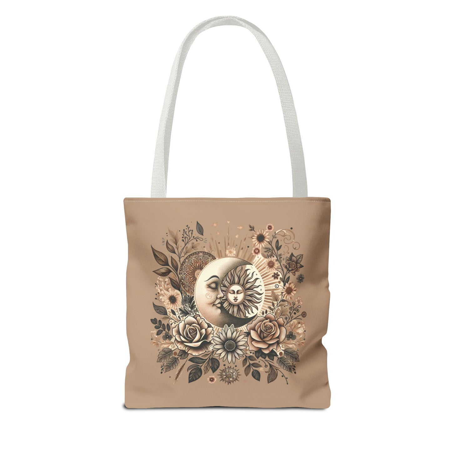 Celestial Sun & Moon Floral Tote Bag — Boho Vintage Astrology Beach Bag