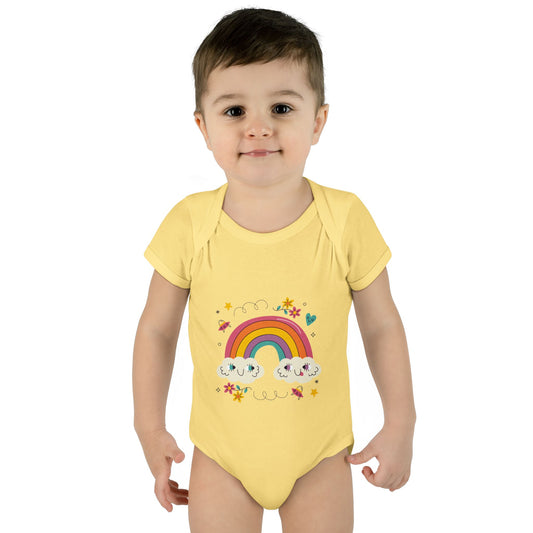 Baby Bodysuit — Cute Rainbow with Smiling Clouds Infant Onesie