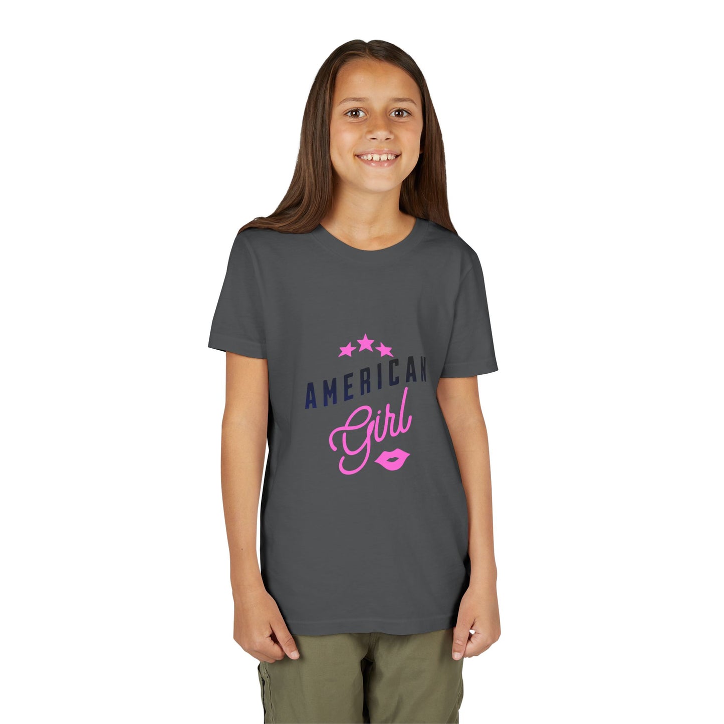 American Girl Youth Tee — Pink Script Stars Patriotic Kids Shirt