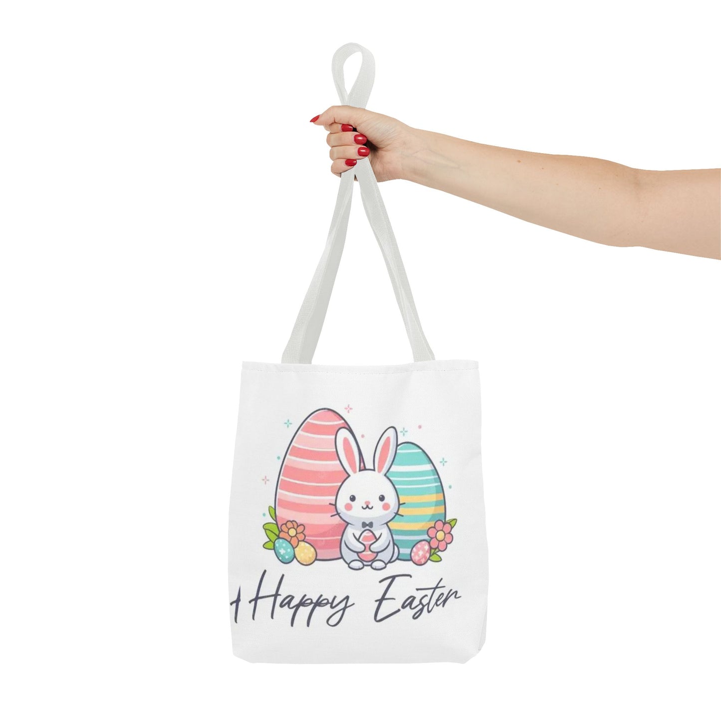 Easter Bunny Tote Bag — Cute "Happy Easter" Bunny with Colorful Eggs