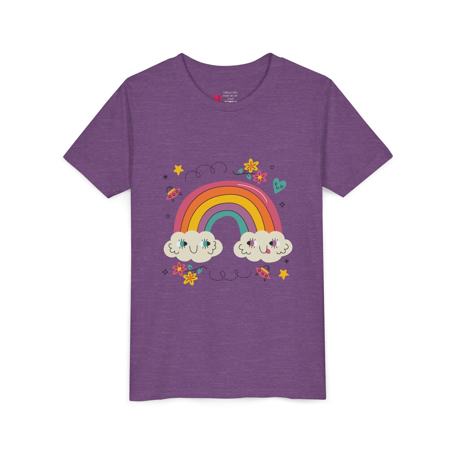 Youth Rainbow Tee — Cute Smiling Clouds & Rainbow Kids Shirt