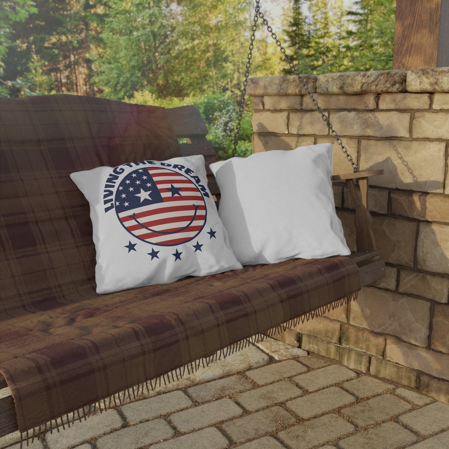 Living The Dream American Flag Smiley Outdoor Pillow