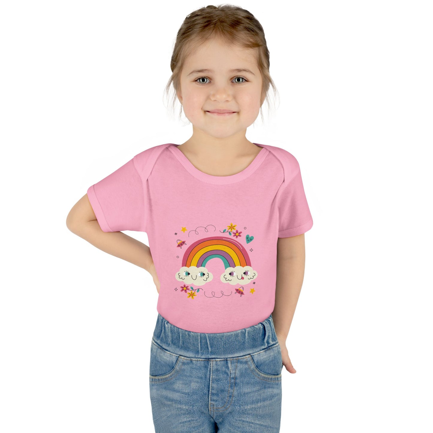 Baby Bodysuit — Cute Rainbow with Smiling Clouds Infant Onesie