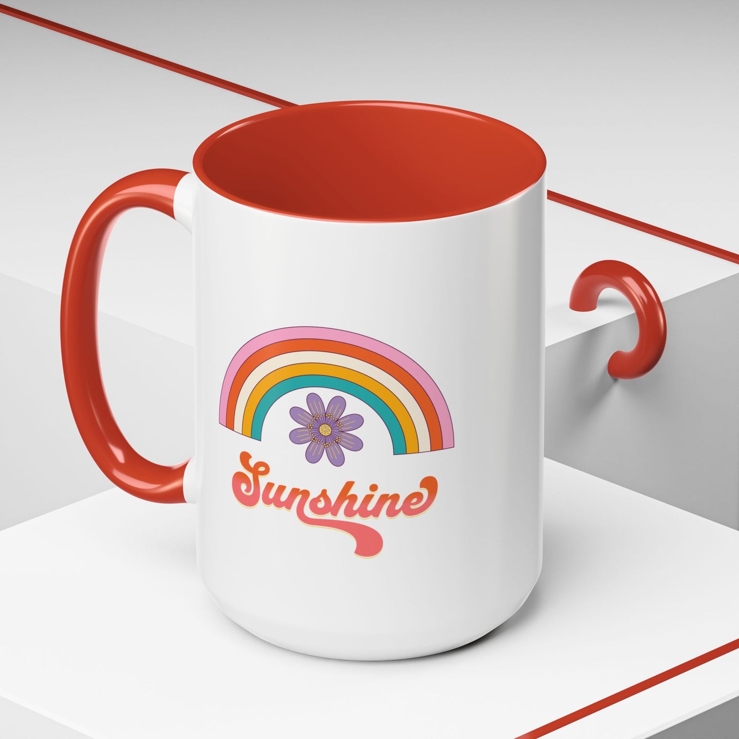 Sunshine Rainbow Accent Coffee Mug — Retro Flower 70s Vibe