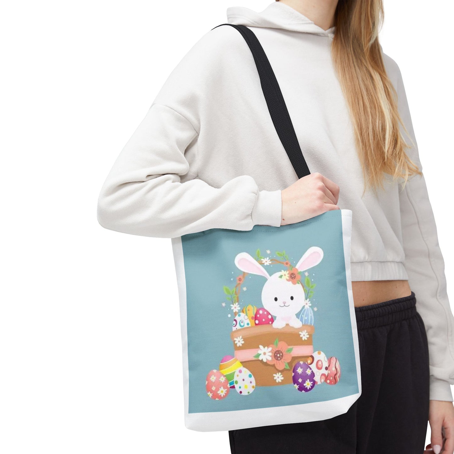 Easter Bunny Tote Bag — Cute Floral Bunny with Painted Eggs All-Over Print