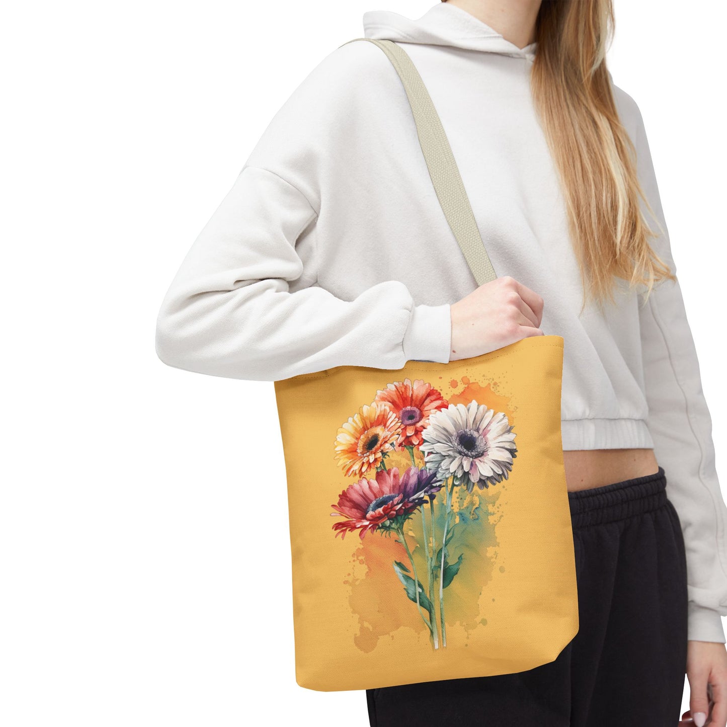Floral Watercolor Tote Bag — Colorful Gerbera Bouquet on Mustard Background