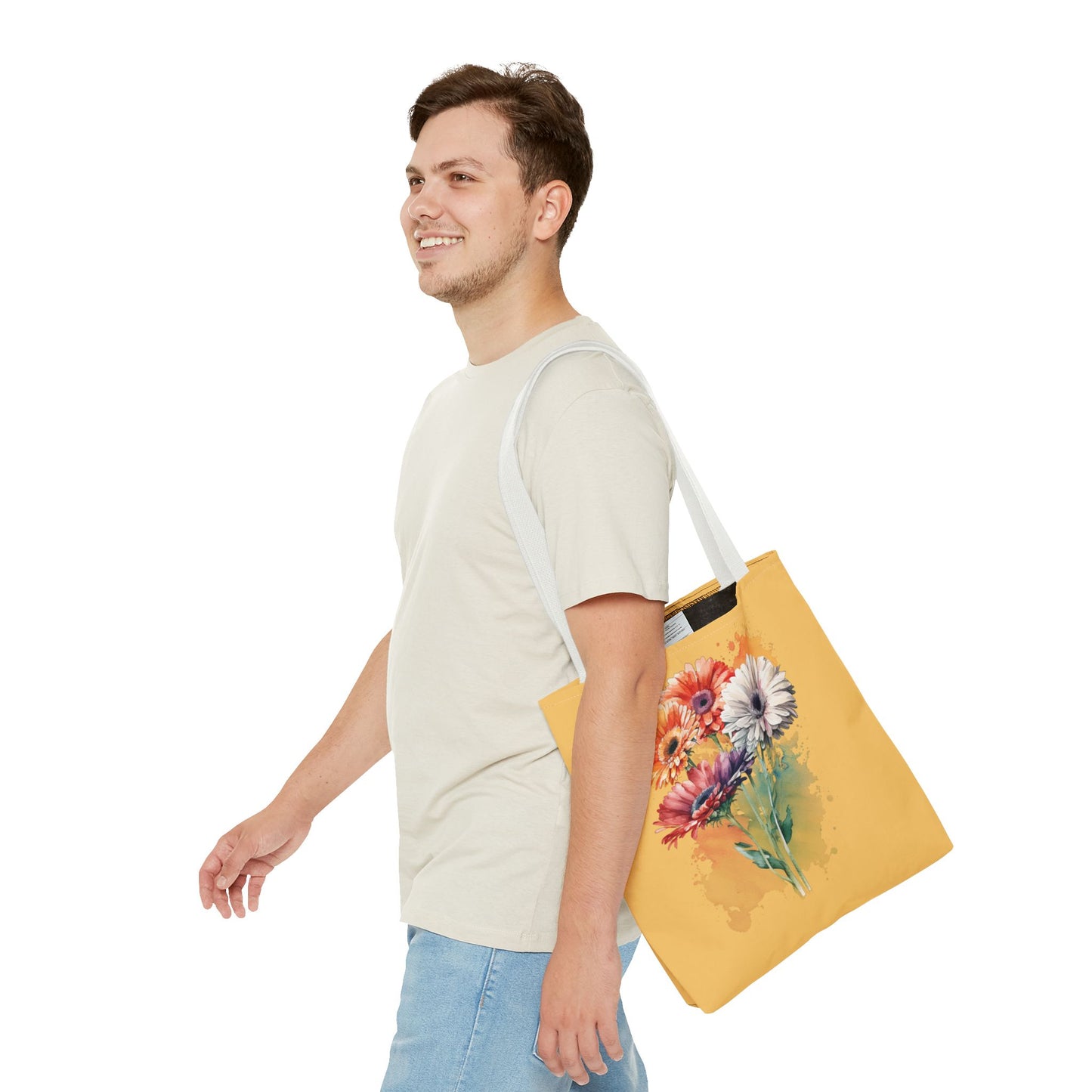 Floral Watercolor Tote Bag — Colorful Gerbera Bouquet on Mustard Background