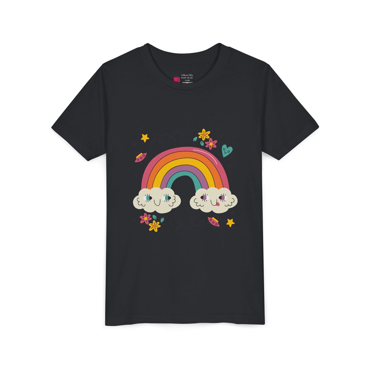 Youth Rainbow Tee — Cute Smiling Clouds & Rainbow Kids Shirt