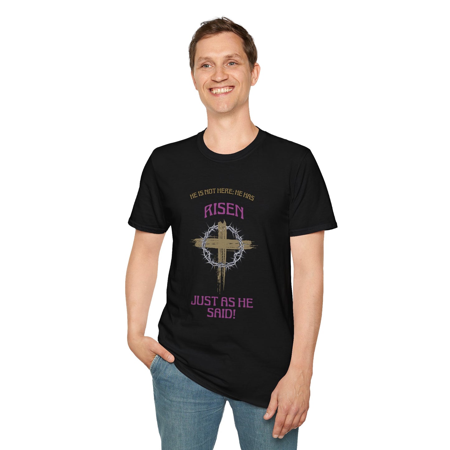 Christian Risen Cross T-Shirt — "He Is Not Here, He’s Risen" Easter Tee