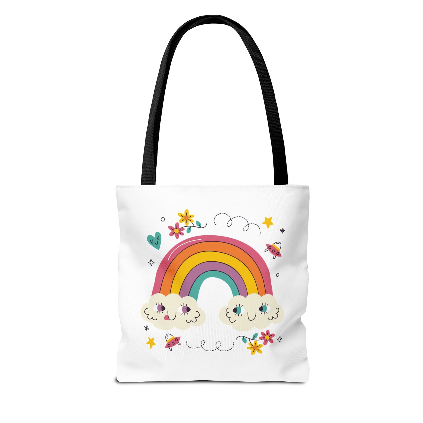 Cute Rainbow Tote Bag — Kawaii Smiling Clouds, Floral & Heart Print