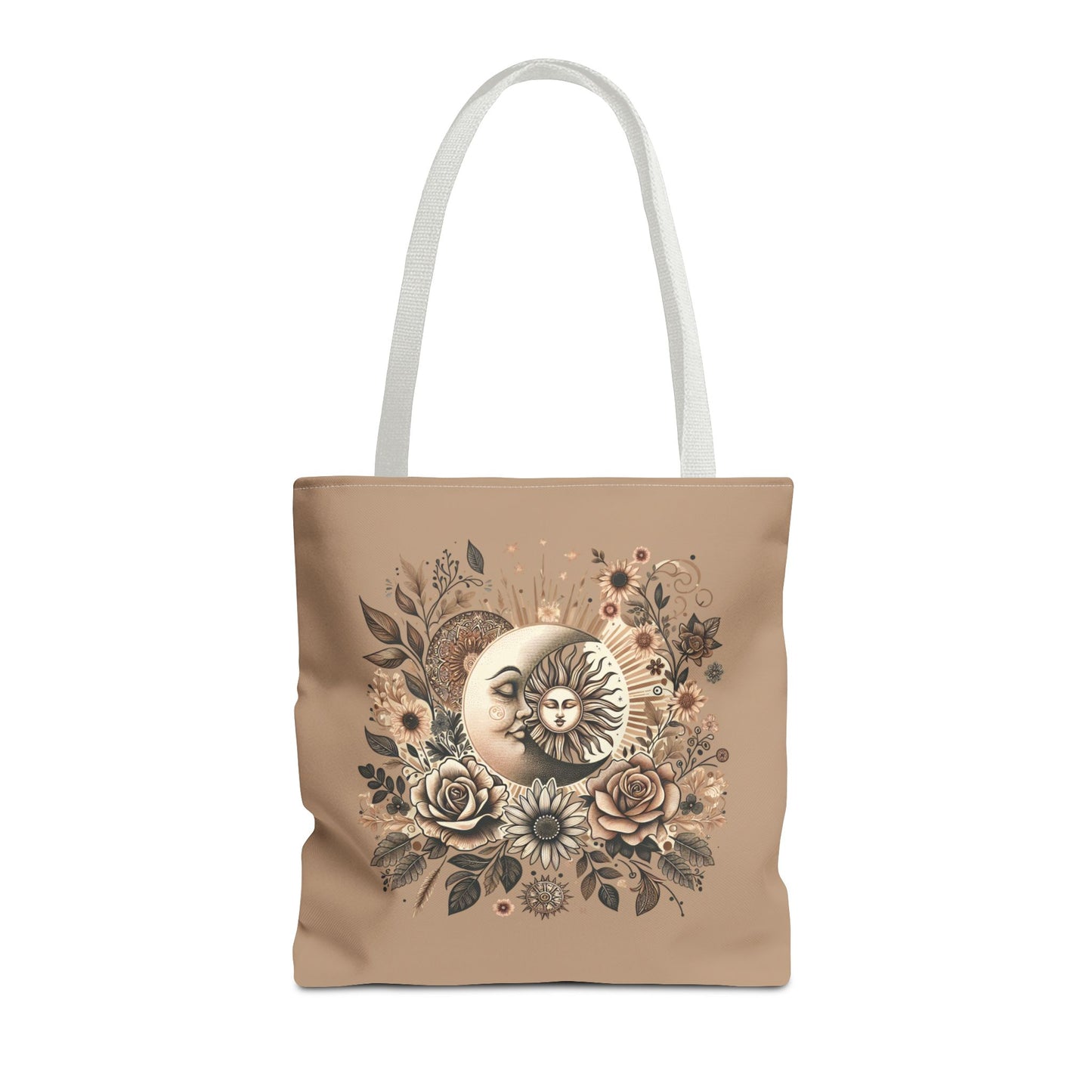 Celestial Sun & Moon Floral Tote Bag — Boho Vintage Astrology Beach Bag