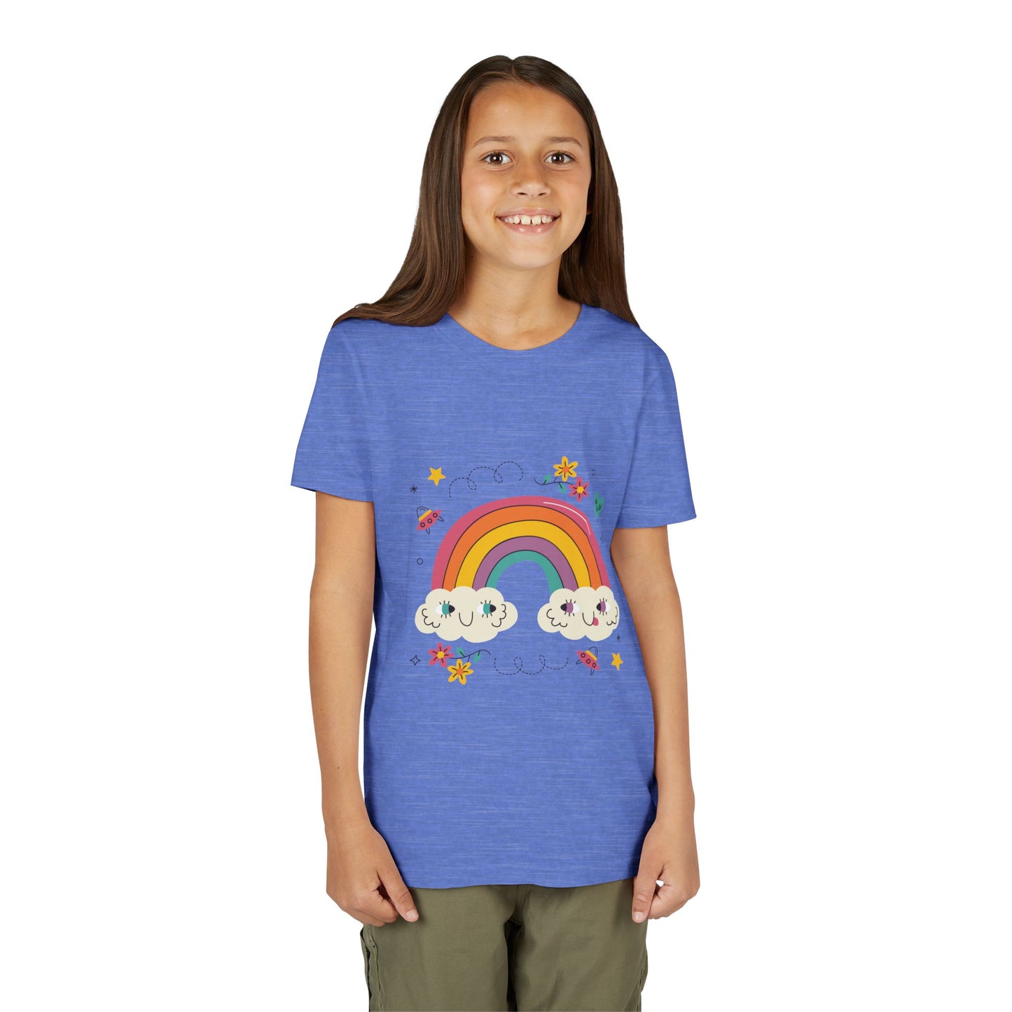 Youth Rainbow Tee — Cute Smiling Clouds & Rainbow Kids Shirt