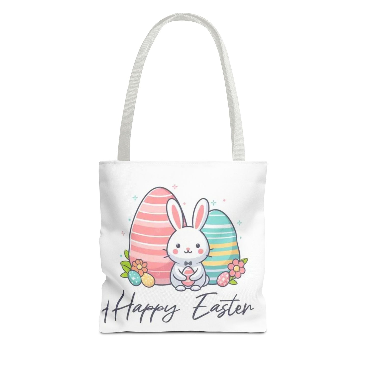 Easter Bunny Tote Bag — Cute "Happy Easter" Bunny with Colorful Eggs