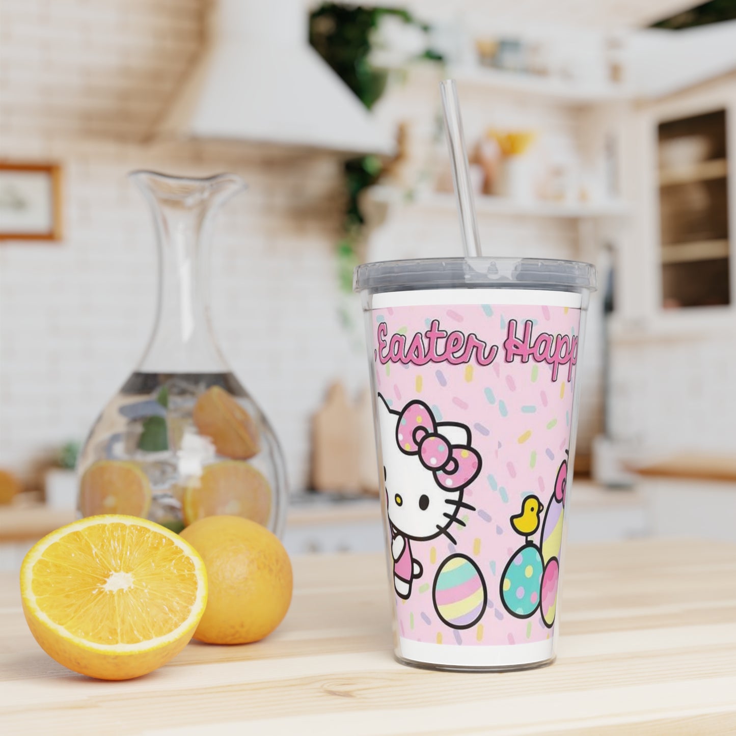 Easter Hello Kitty Plastic Tumbler with Straw — Pastel Egg & Chick Design