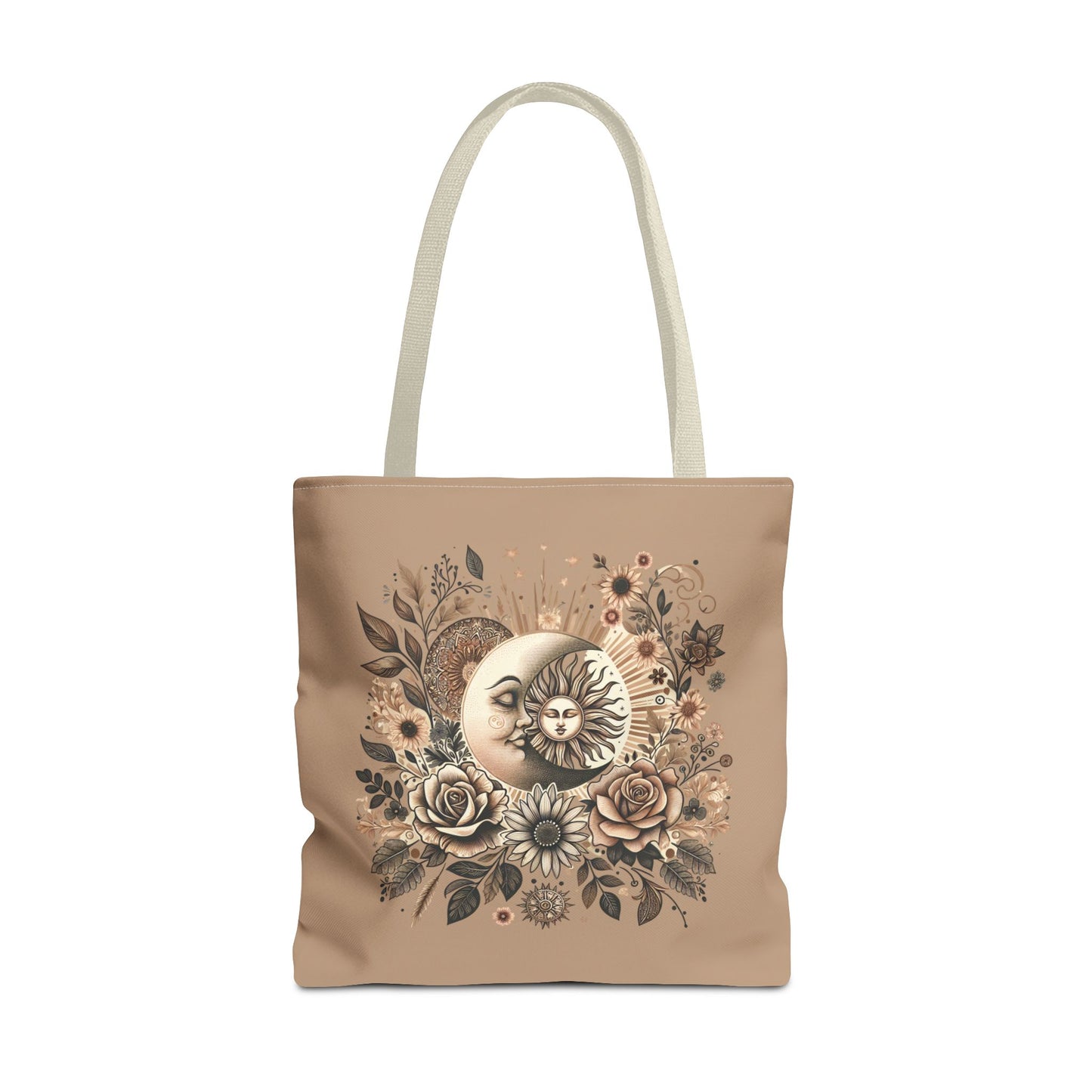 Celestial Sun & Moon Floral Tote Bag — Boho Vintage Astrology Beach Bag