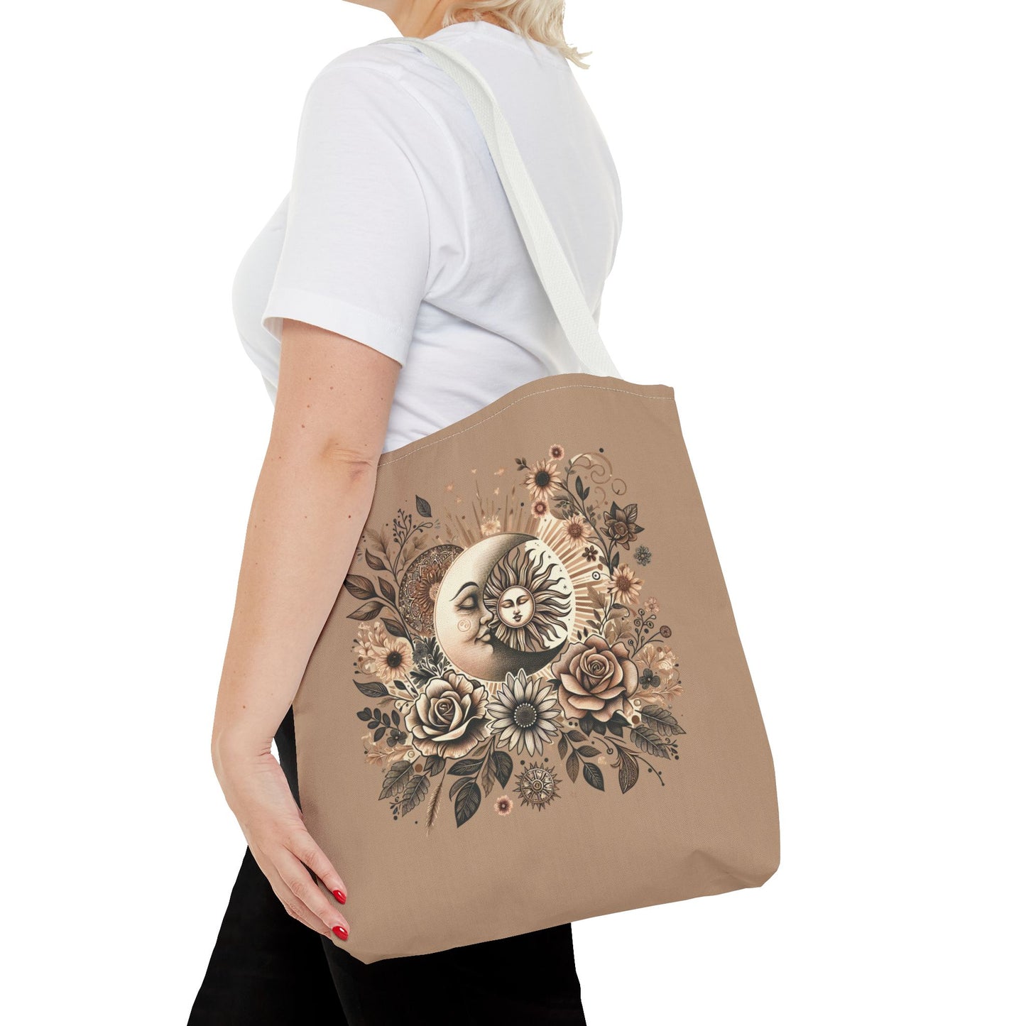 Celestial Sun & Moon Floral Tote Bag — Boho Vintage Astrology Beach Bag