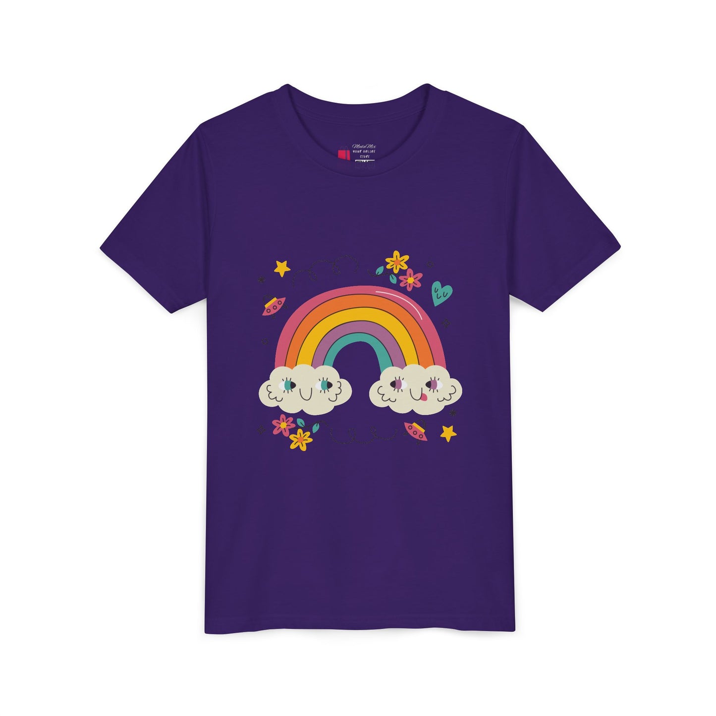 Youth Rainbow Tee — Cute Smiling Clouds & Rainbow Kids Shirt