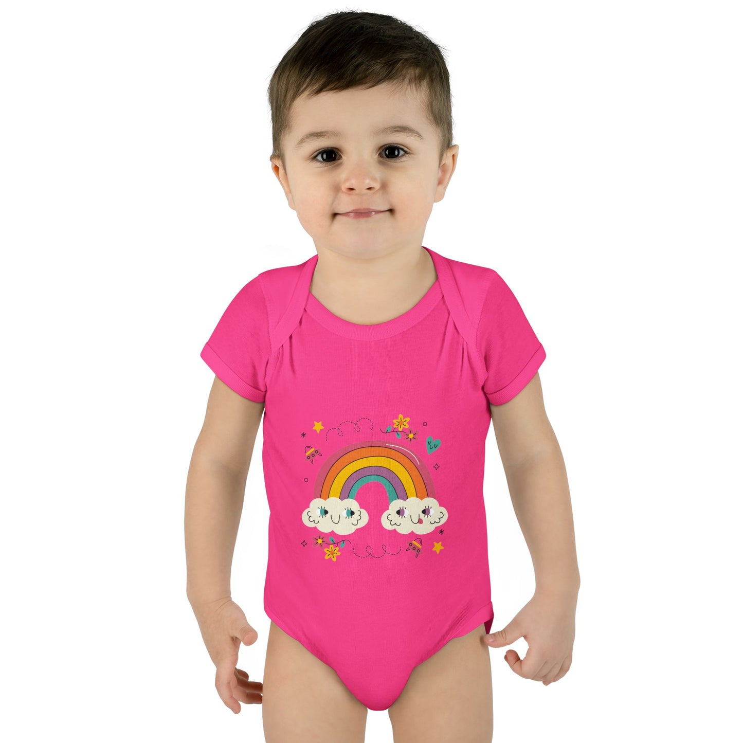Baby Bodysuit — Cute Rainbow with Smiling Clouds Infant Onesie