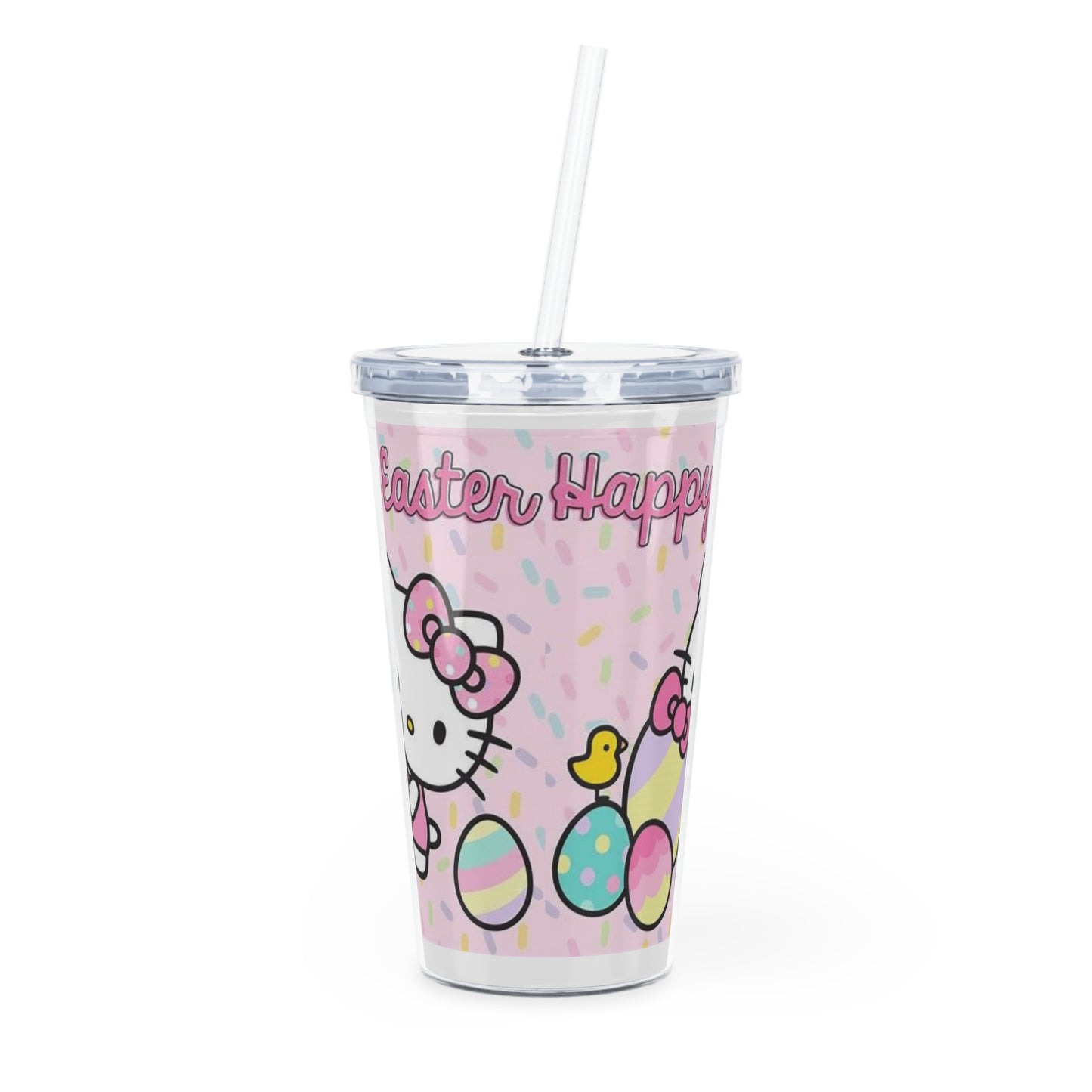 Easter Hello Kitty Plastic Tumbler with Straw — Pastel Egg & Chick Design