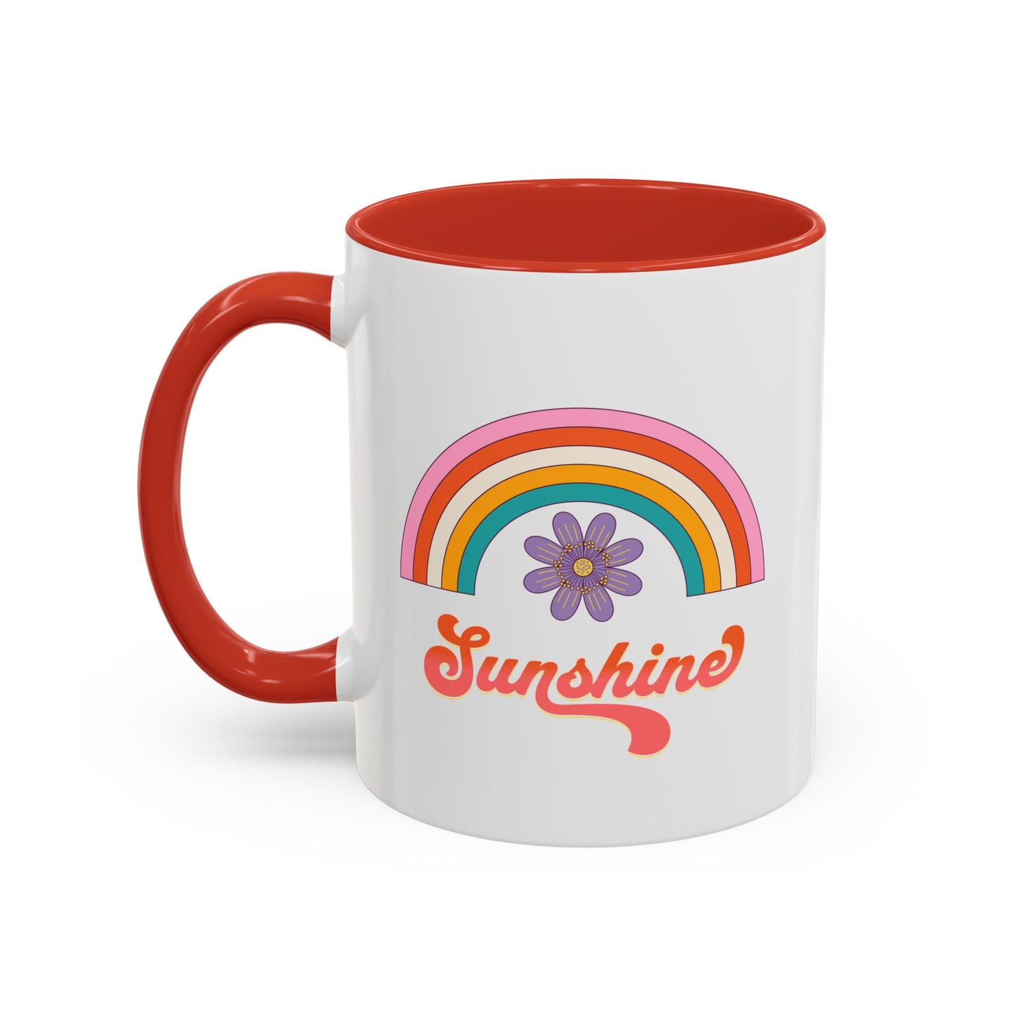 Sunshine Rainbow Accent Coffee Mug — Retro Flower 70s Vibe
