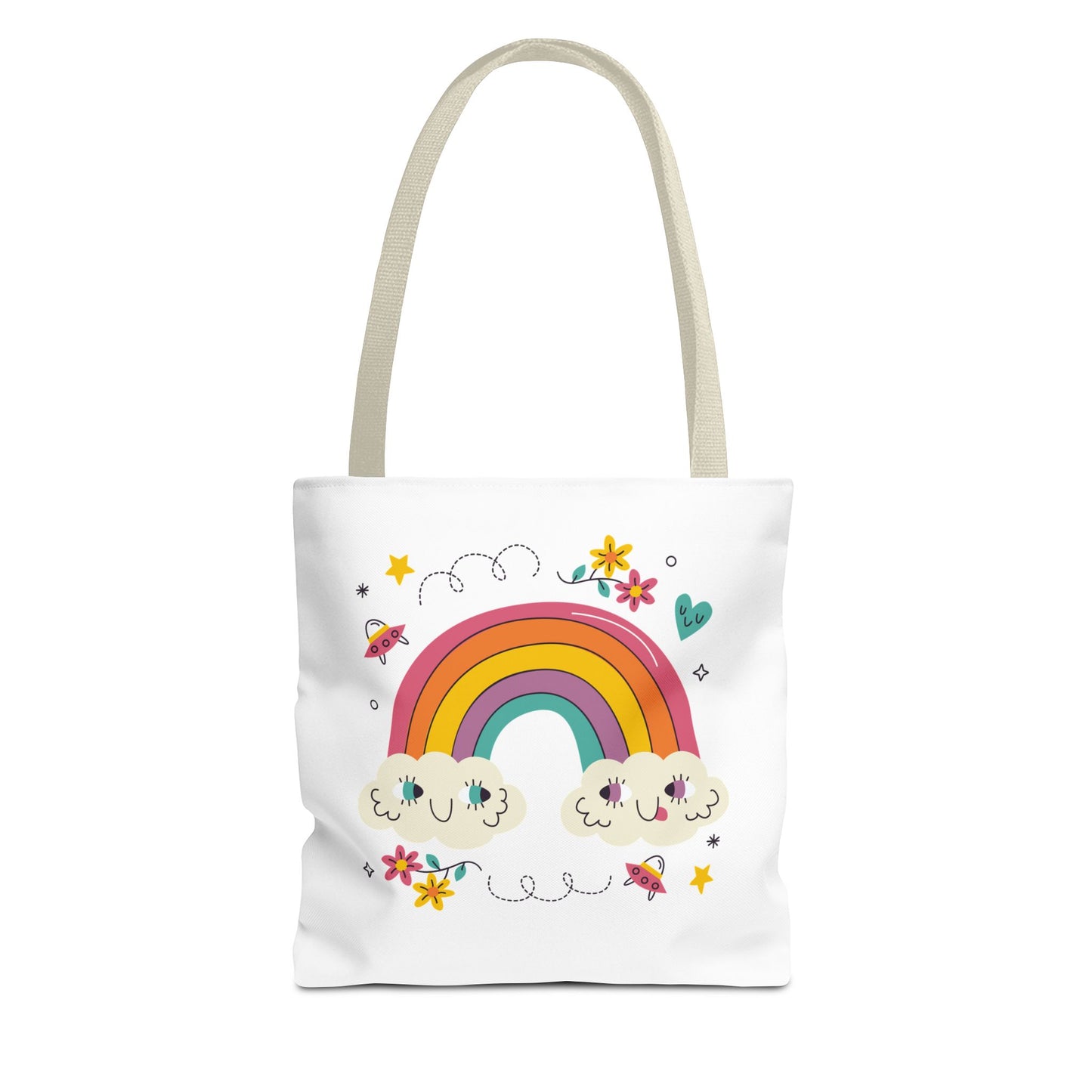 Cute Rainbow Tote Bag — Kawaii Smiling Clouds, Floral & Heart Print