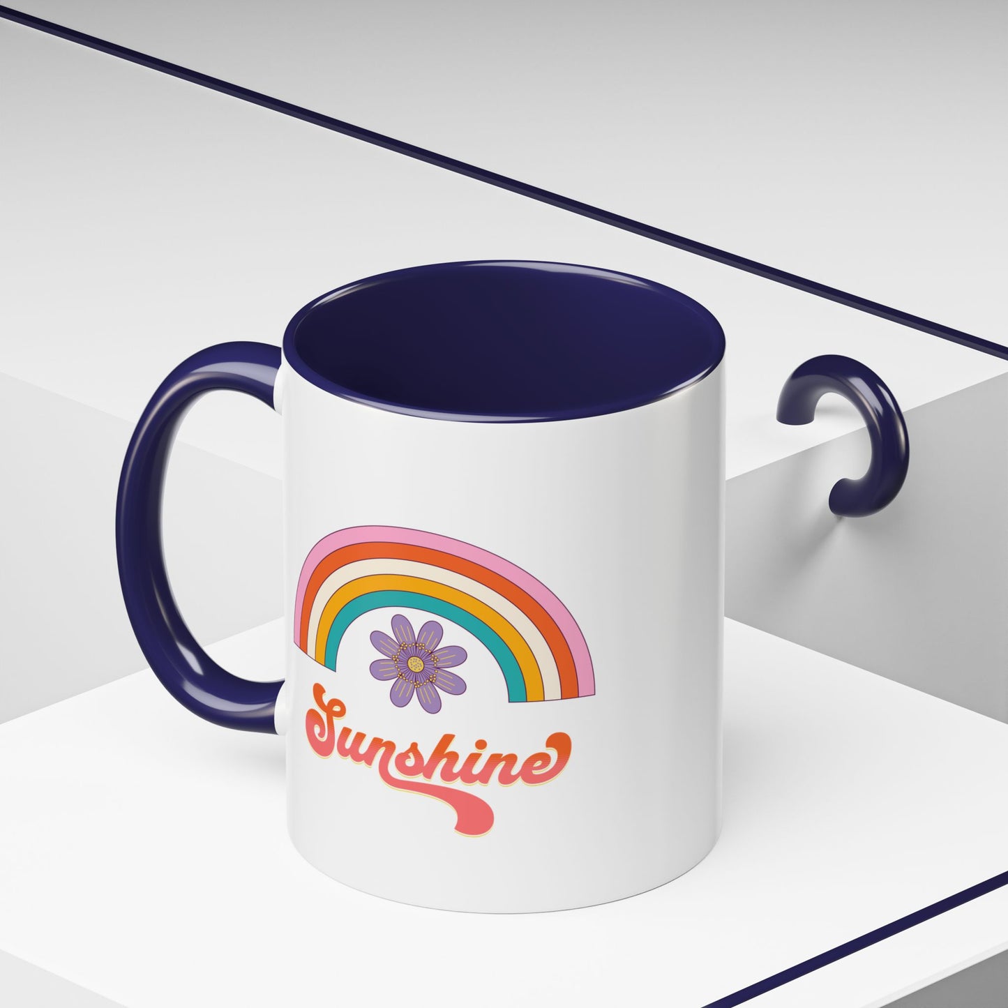 Sunshine Rainbow Accent Coffee Mug — Retro Flower 70s Vibe
