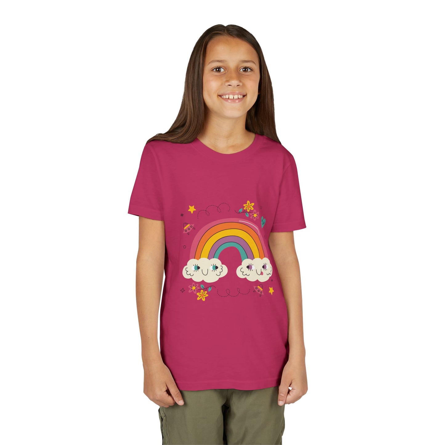 Youth Rainbow Tee — Cute Smiling Clouds & Rainbow Kids Shirt