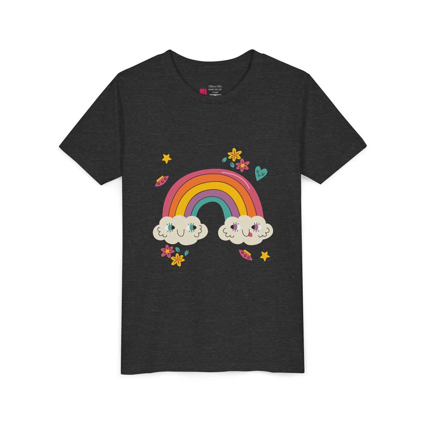 Youth Rainbow Tee — Cute Smiling Clouds & Rainbow Kids Shirt