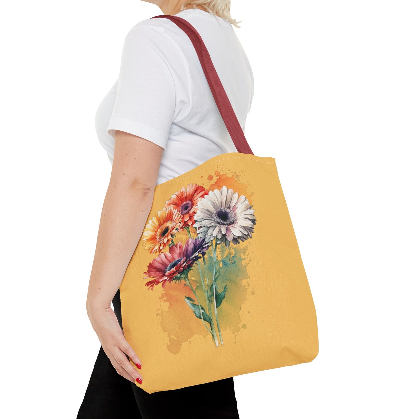 Floral Watercolor Tote Bag — Colorful Gerbera Bouquet on Mustard Background